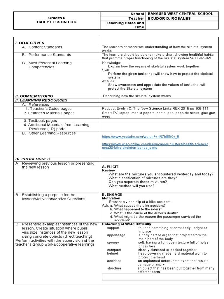 Lesson Plan (Skeletal) | PDF | Learning | Skeleton