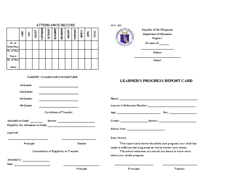 SF 9 JHS Learners Progress Report Card B PDF