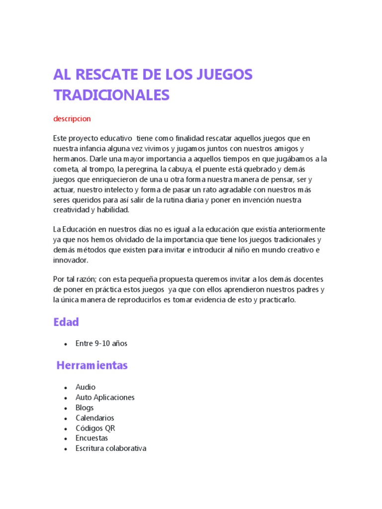 Al Rescate de Los Juegos Tradicionales | PDF | Aprendizaje