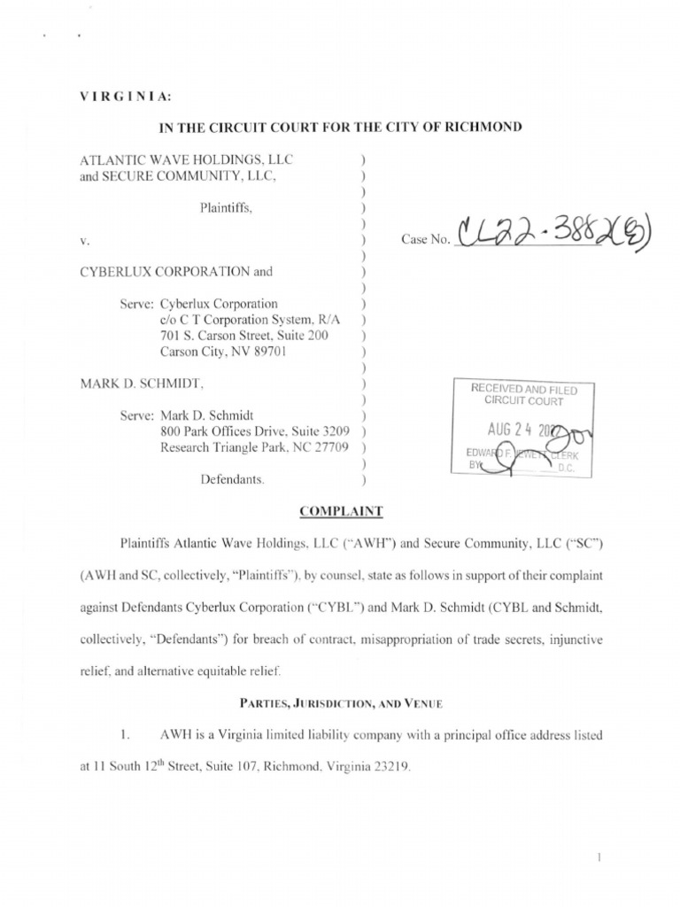 2022-08-24 (VA Circuit Court) Atlantic Wave v. Cyberlux - COMPLAINT,  4876-7209-8644 - 1 | PDF