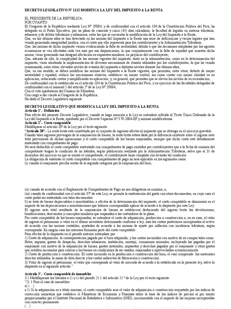 Decreto Legislativo #1112 Modifica La Ley Del Impuesto A La Renta | PDF ...
