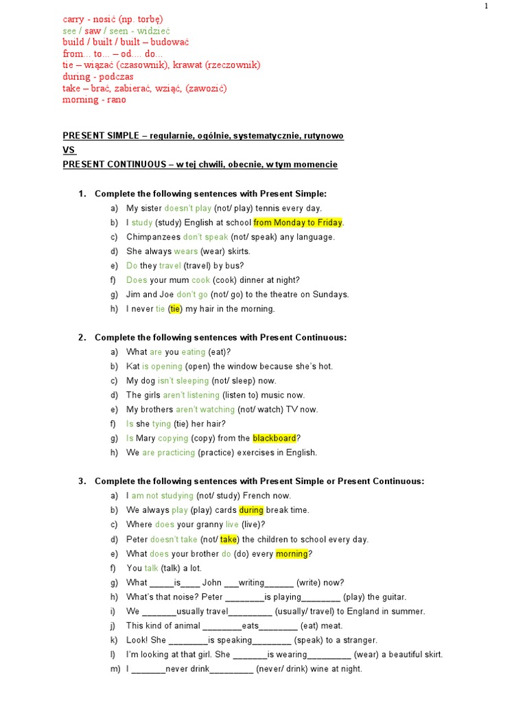 Present Simple vs. Present Continuous Worksheet | PDF | Language Arts ...