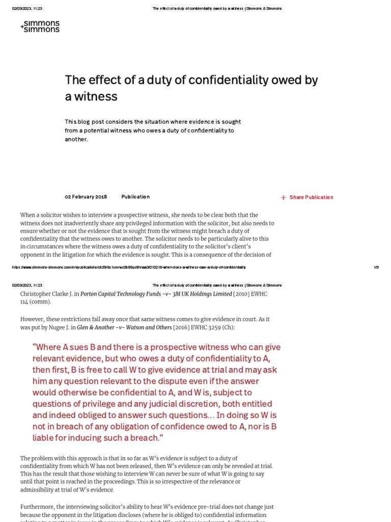 The Effect of A Duty of Confidentiality Owed by A Witness Simmons