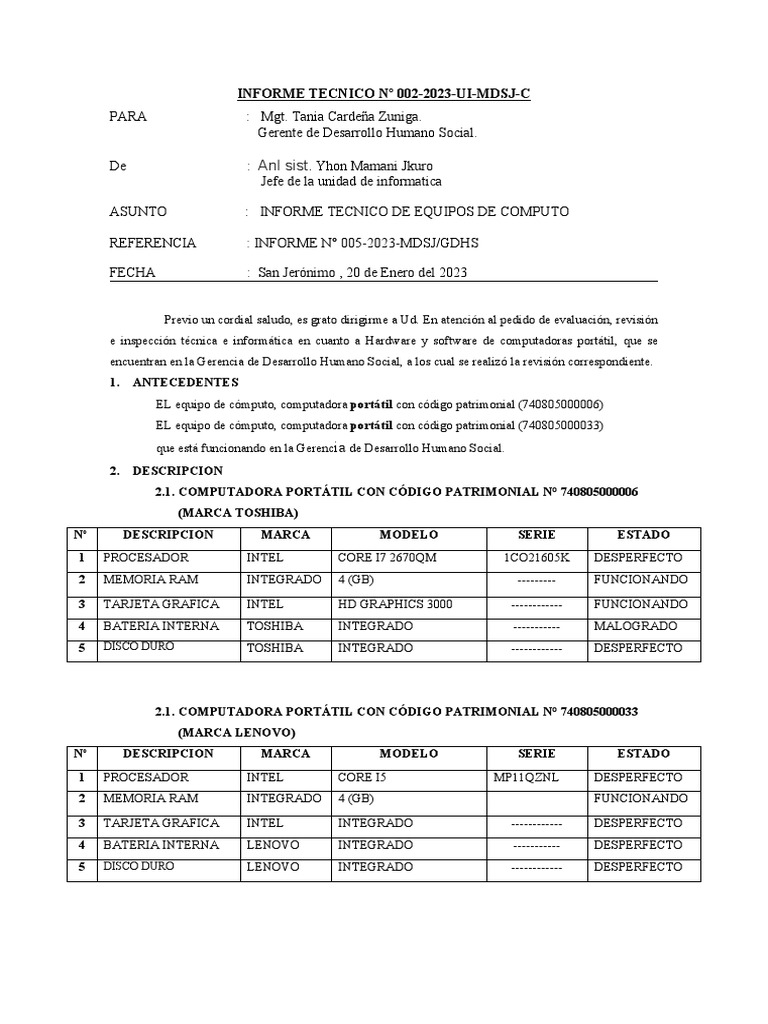 Informe técnico equipos computo | PDF | Hardware de la computadora ...