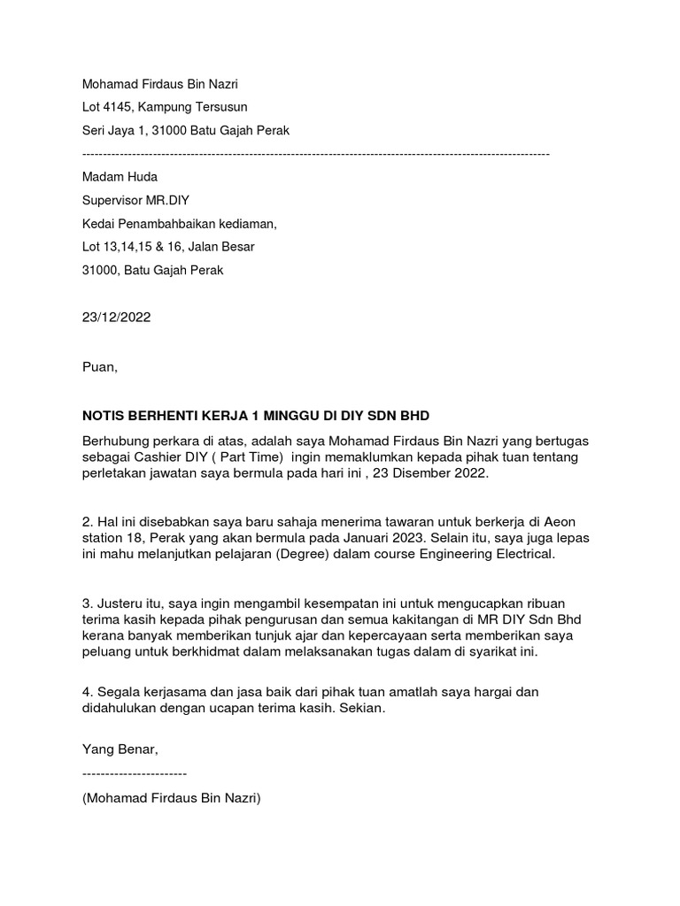 Surat Rasmi Berhenti Kerja DIY PDF | PDF