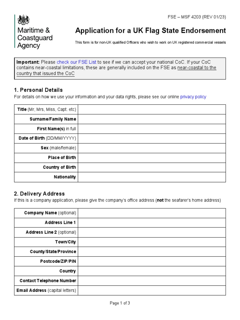 UK Flag State Endorsement Application | PDF | Sea Captain