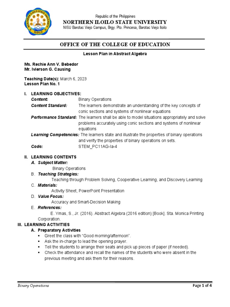 Binary Operations Lp Pdf Learning Lesson Plan