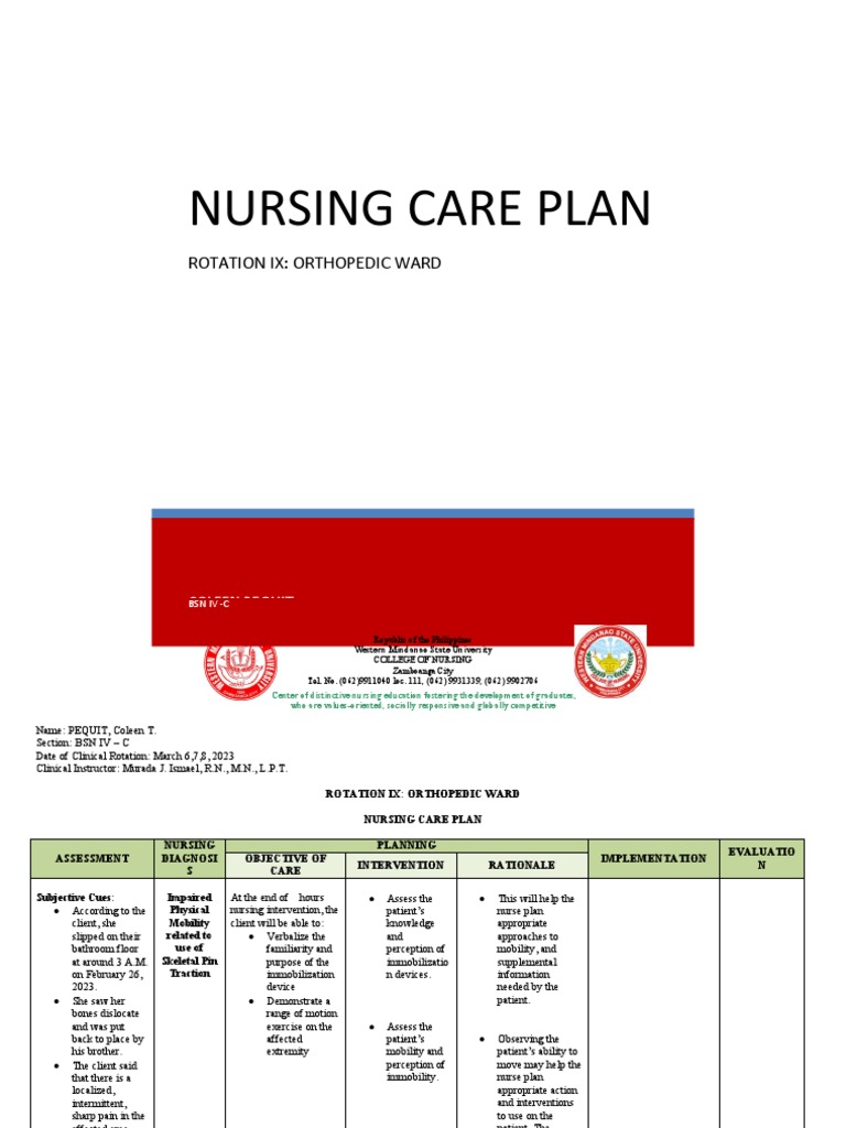 Nursing Care Plan for Orthopedic Ward Patient | PDF | Nursing | Knee