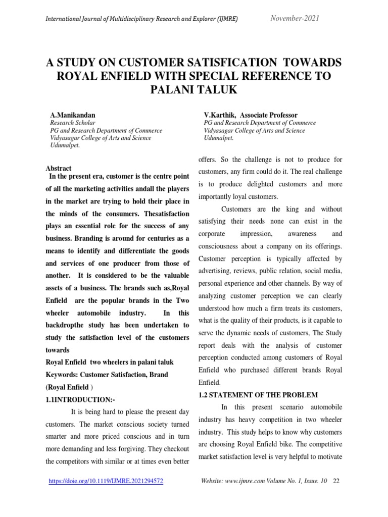 Customer Satisfaction with Royal Enfield in Palani | PDF | Analysis Of ...