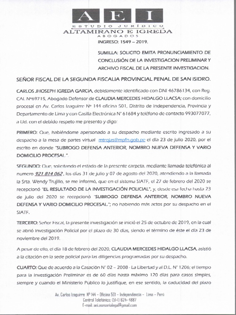 Solicito Emita Pronunciamiento de Conclusion de La Investigacion ...