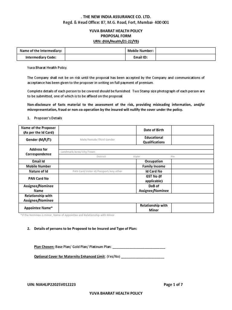 Yuva Bharat Health Policy Proposal Form | PDF | Insurance | Underwriting