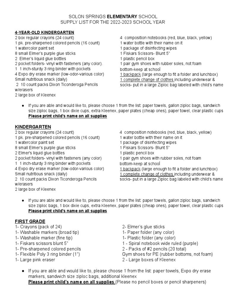 Elementary School Supply List 202220231 PDF Pencil Conservation