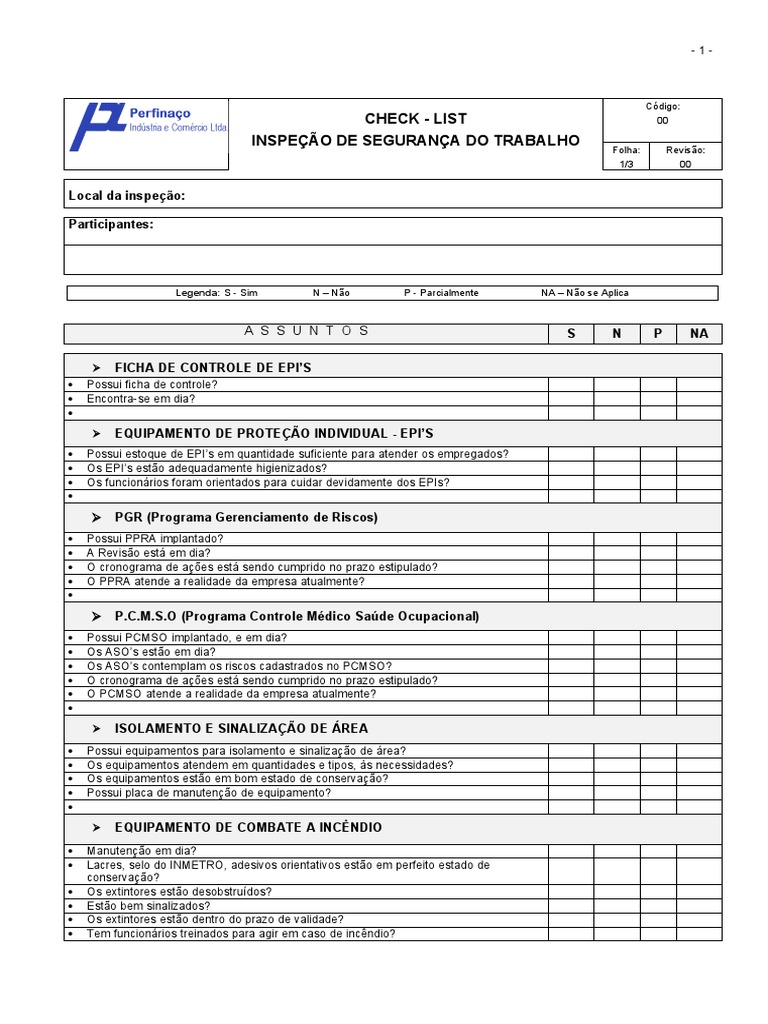 Checklist de Inspeção de Segurança do Trabalho | PDF | Embalagem e ...