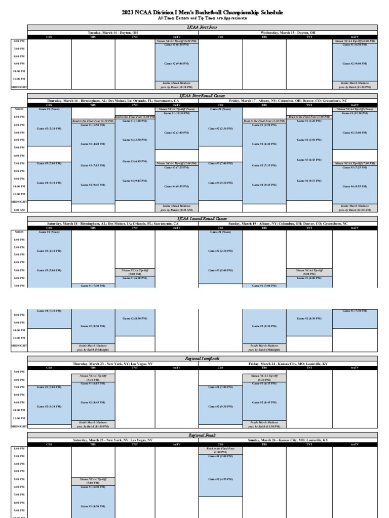 2023 NCAA Tournament Telecast Schedule Grid | PDF | Ncaa Division I