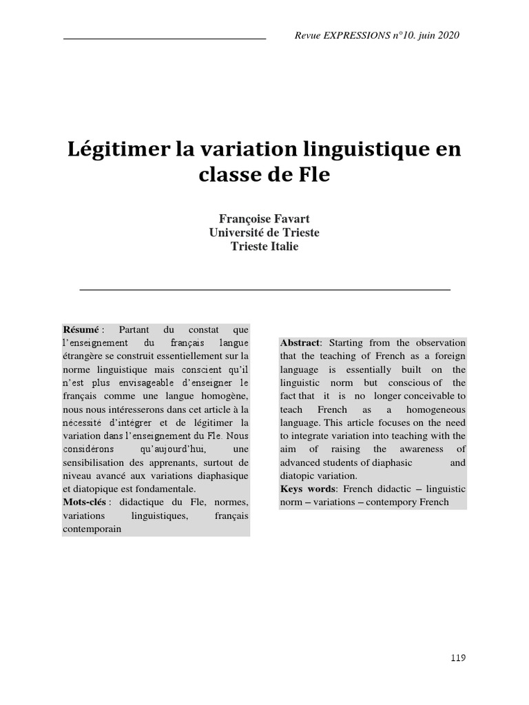 Francoise FAVART Legitimer La Variation Linguistique en Classe de Fle ...