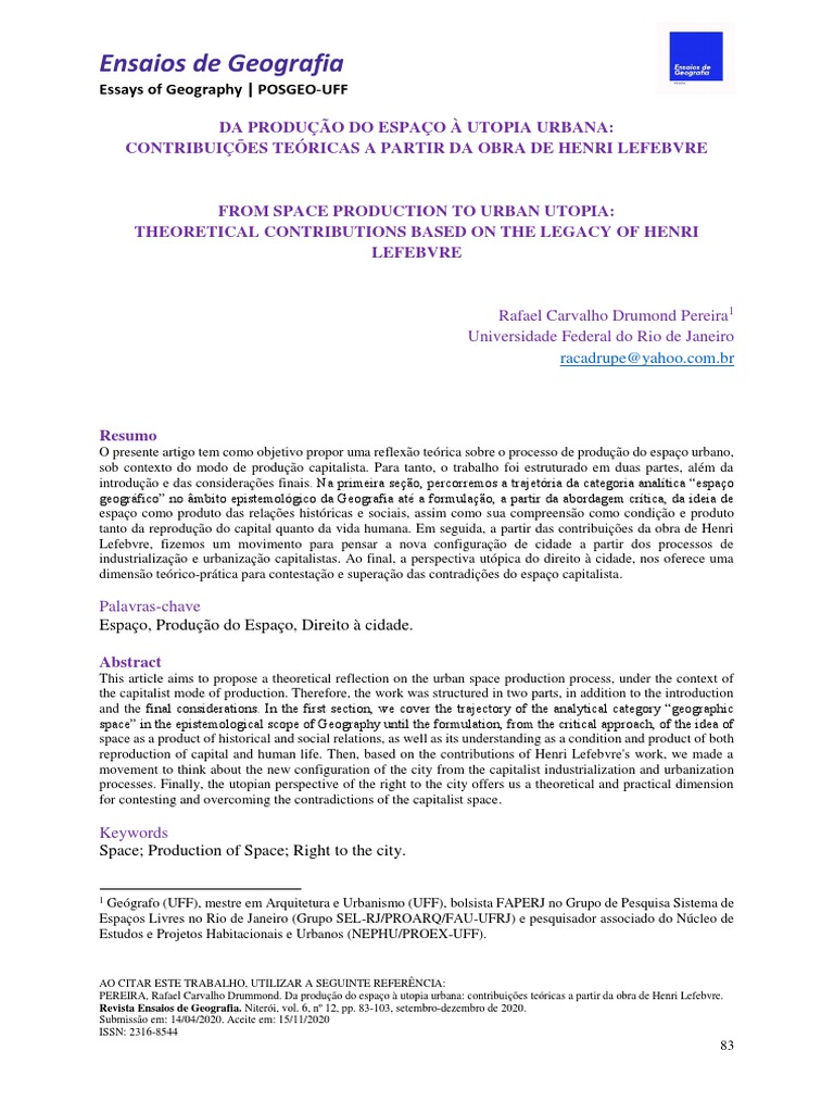 Da Produção Do Espaço À Utopia Urbana Contribuições Teóricas A Partir