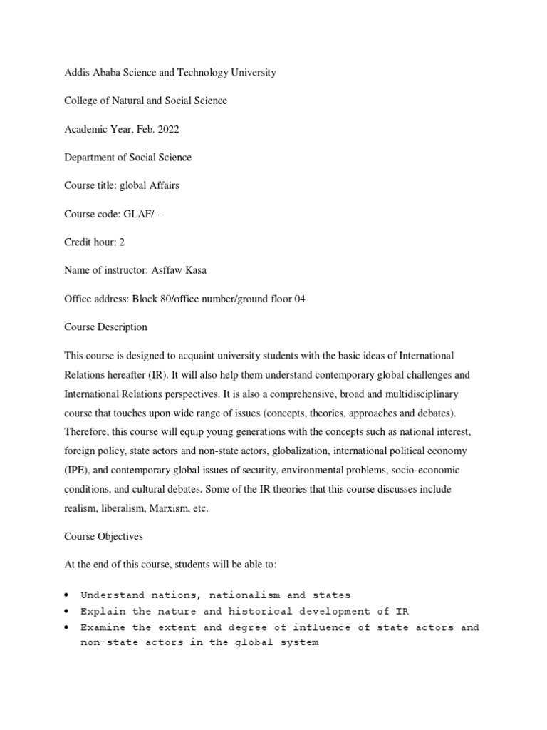 Global Affairs Course Overview | PDF | International Relations ...