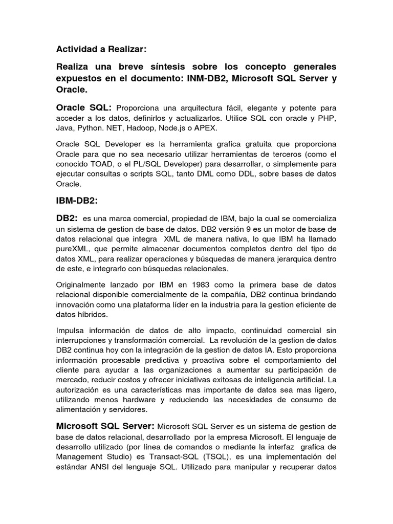 Comparativa de Oracle, DB2 y SQL Server | PDF | Servidor SQL de ...