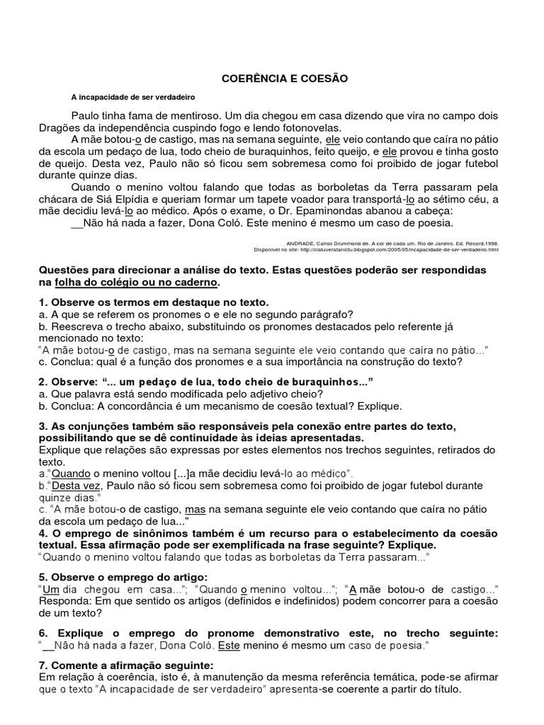 Atividades Coerência e Coesão | PDF | Pronome | Linguística