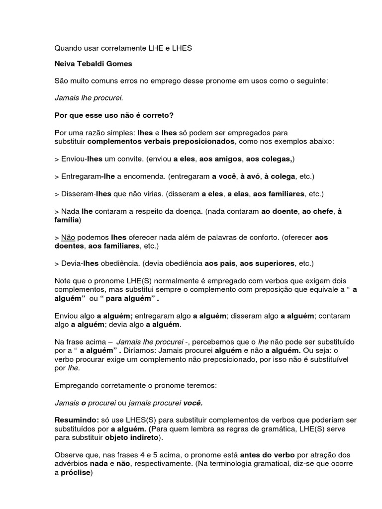 Uso Correto de LHE e LHES | PDF | Pronome | Objeto (gramática)