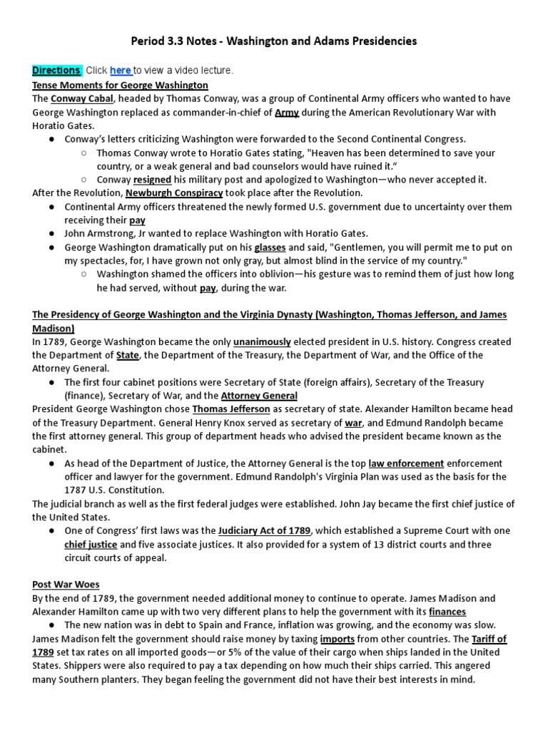 Period 3.3 Notes - Washington and Adams Presidencies - 2020 Version ...