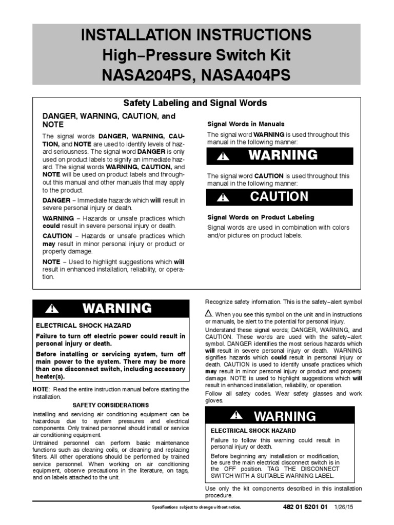 Installation Instructions High Pressure Switch Kit NASA204PS, NASA404PS