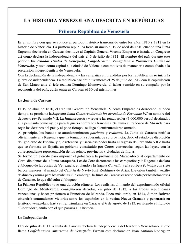 Historia de las Repúblicas en Venezuela | PDF | América del Sur | Venezuela