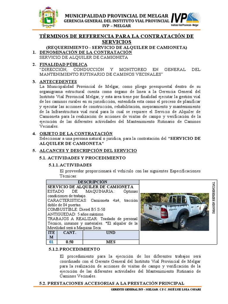 TDR Alquiler de PDF Vehículos