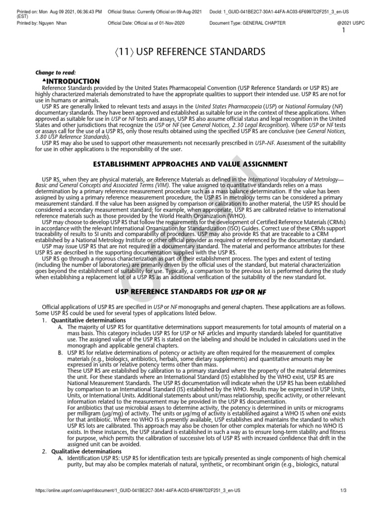 〈11〉 USP REFERENCE STANDARDS PDF PDF Metrology Calibration