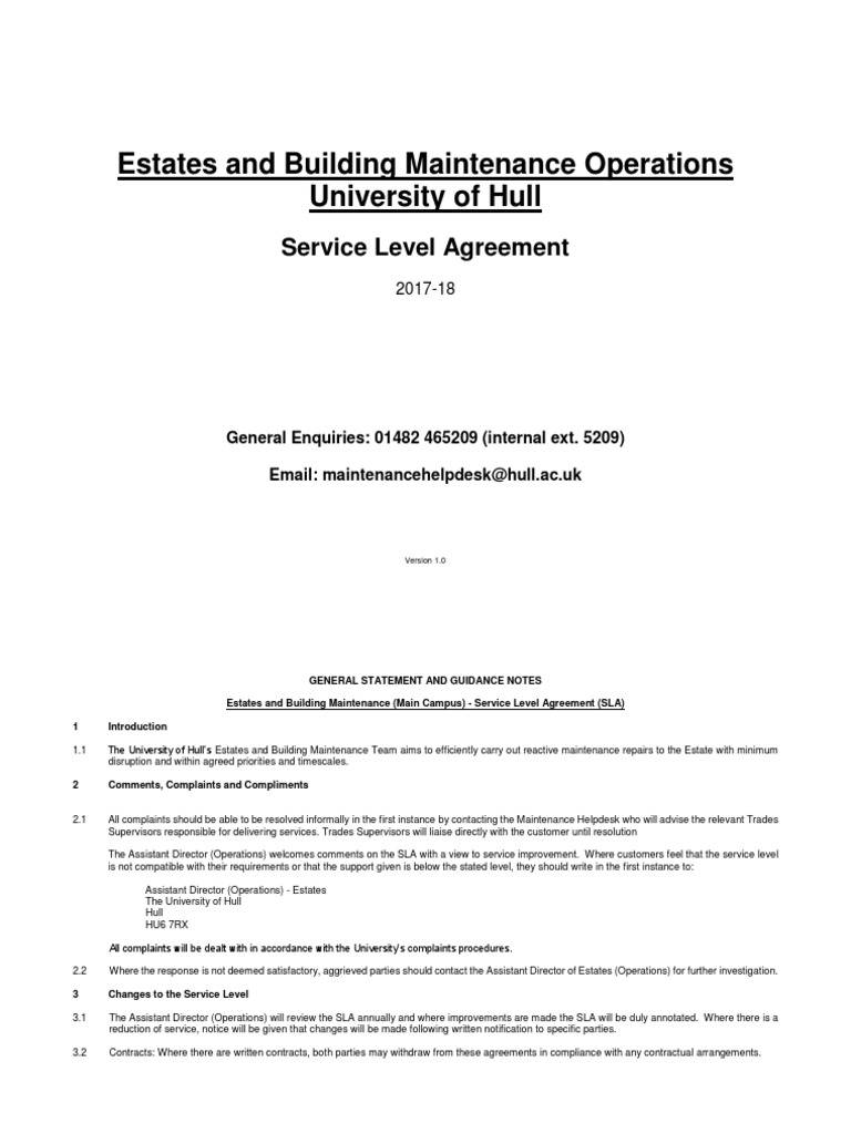 Maintenance Service Level Agreement Courtyard 2020 21 PDF Service