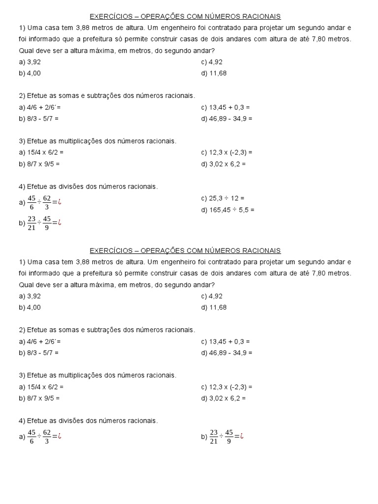 Exercícios de Operações com Números Racionais | PDF