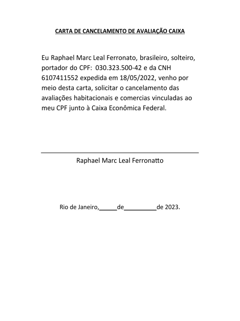 Carta de Cancelamento CAIXA PDF | PDF