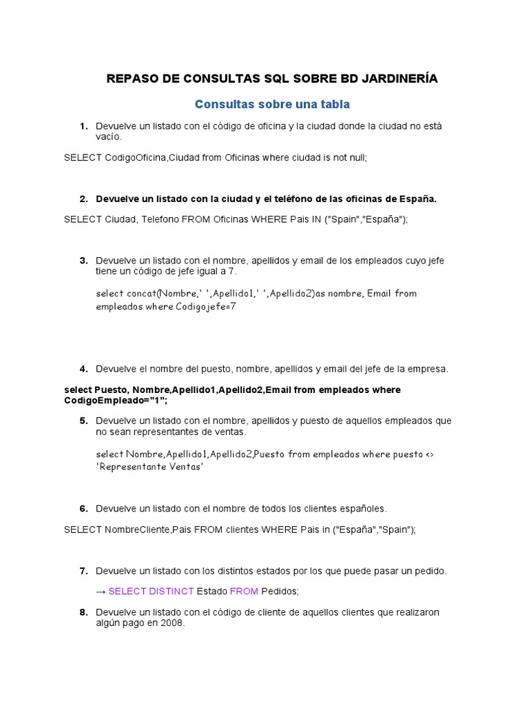 Consultas SQL para Base de Datos de Jardinería | PDF | SQL