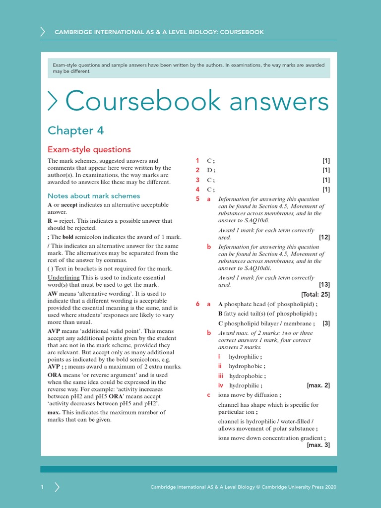 Exam Style Answers 4 Asal Biology CB | PDF | Cell (Biology) | Lipid Bilayer