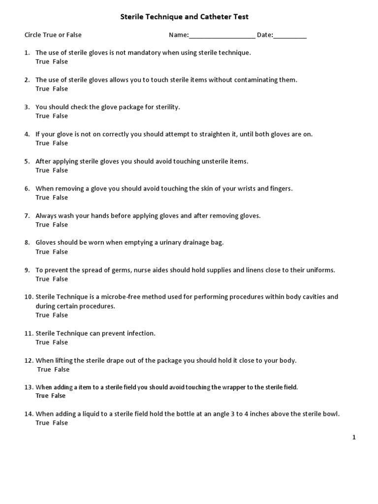 CNA 1 Plus 4 Sterile Technique and Catheter Test PDF Glove Catheter
