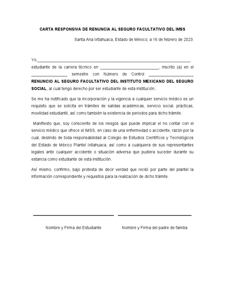 CARTA RESPONSIVA DE RENUNCIA AL SEGURO FACULTATIVO DEL IMSS.docx PDF
