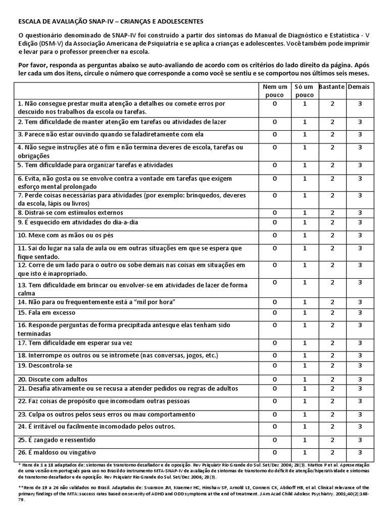 Avaliação SNAP-IV para TDAH Infantil | PDF | Ciências comportamentais ...