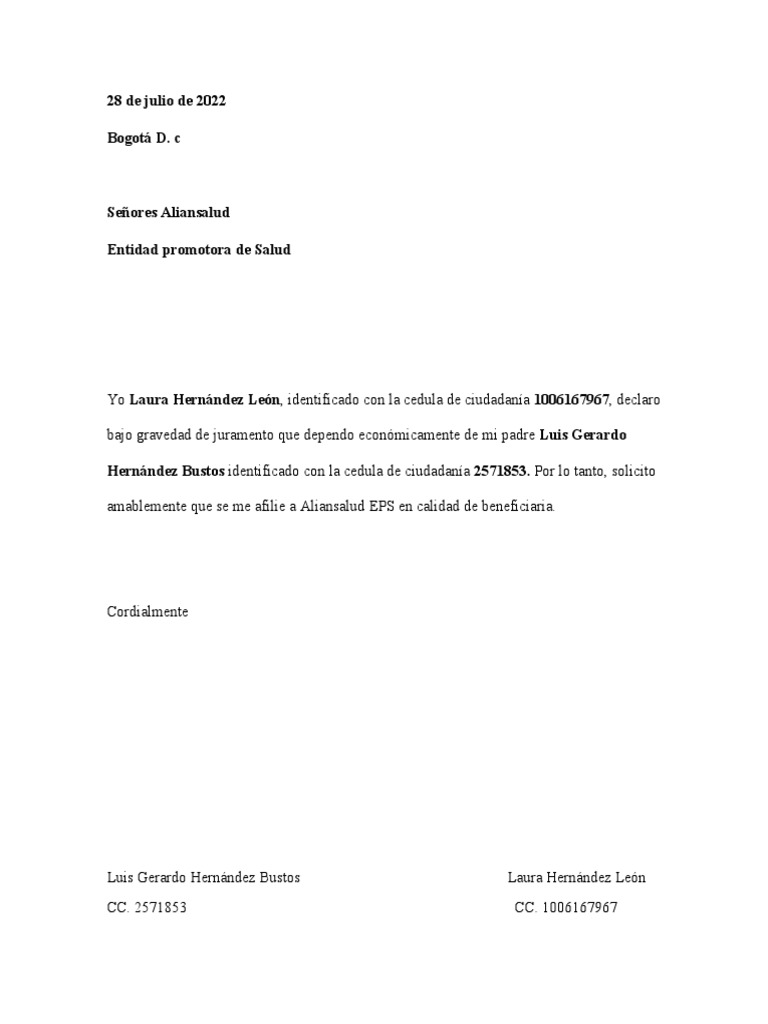 Carta de Dependencia Económica para EPS | PDF
