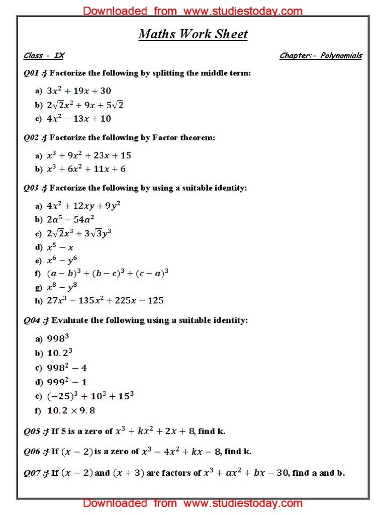CBSE Class 9 Mathematics Worksheet - Polynomials PDF | PDF