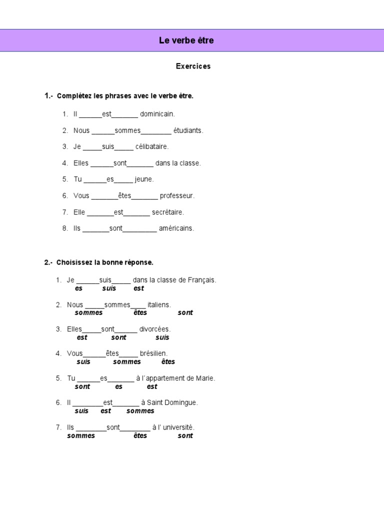 Exercices sur le verbe être | PDF | Arts du langage et discipline ...