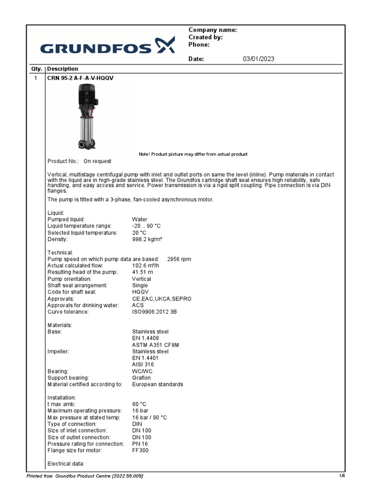 Vertical Multistage Centrifugal Pump Specs | PDF | Pump | Electric Motor