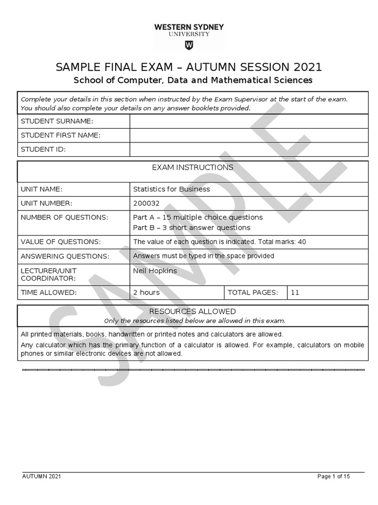 Statistics for business sample final exam a21 tagged pdf