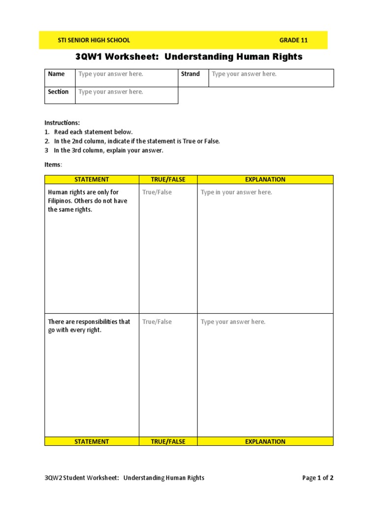 Human Rights Understanding Worksheet | PDF | Social Science