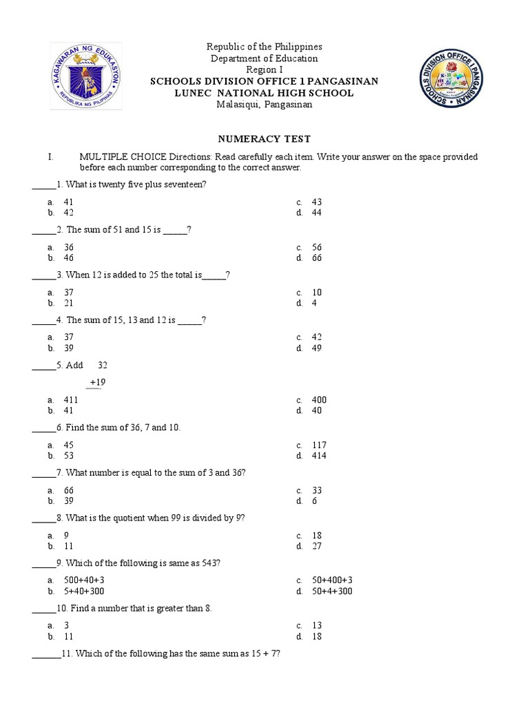 Numeracy test grade 7 pdf