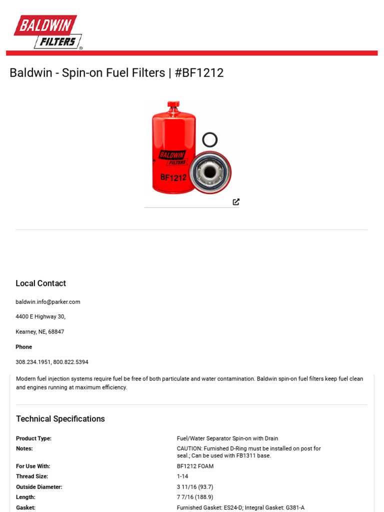 Baldwin BF1212 Spin-on Fuel Filter | PDF | Filtration | Industrial ...