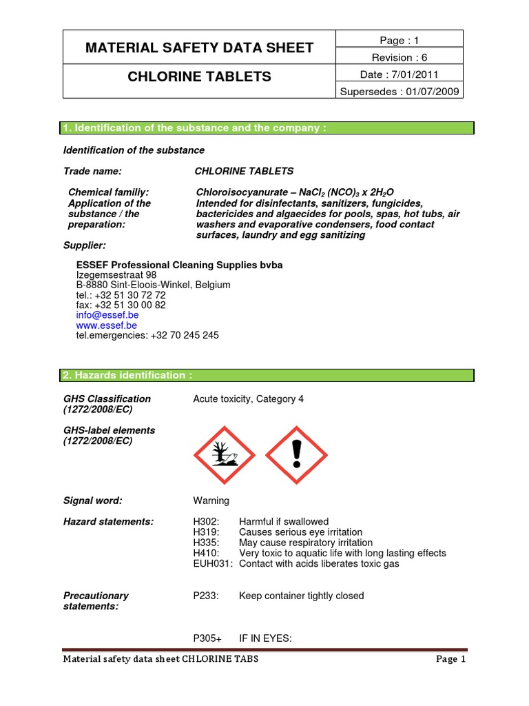 Msds Chlorin Tablet PDF Toxicity Chlorine