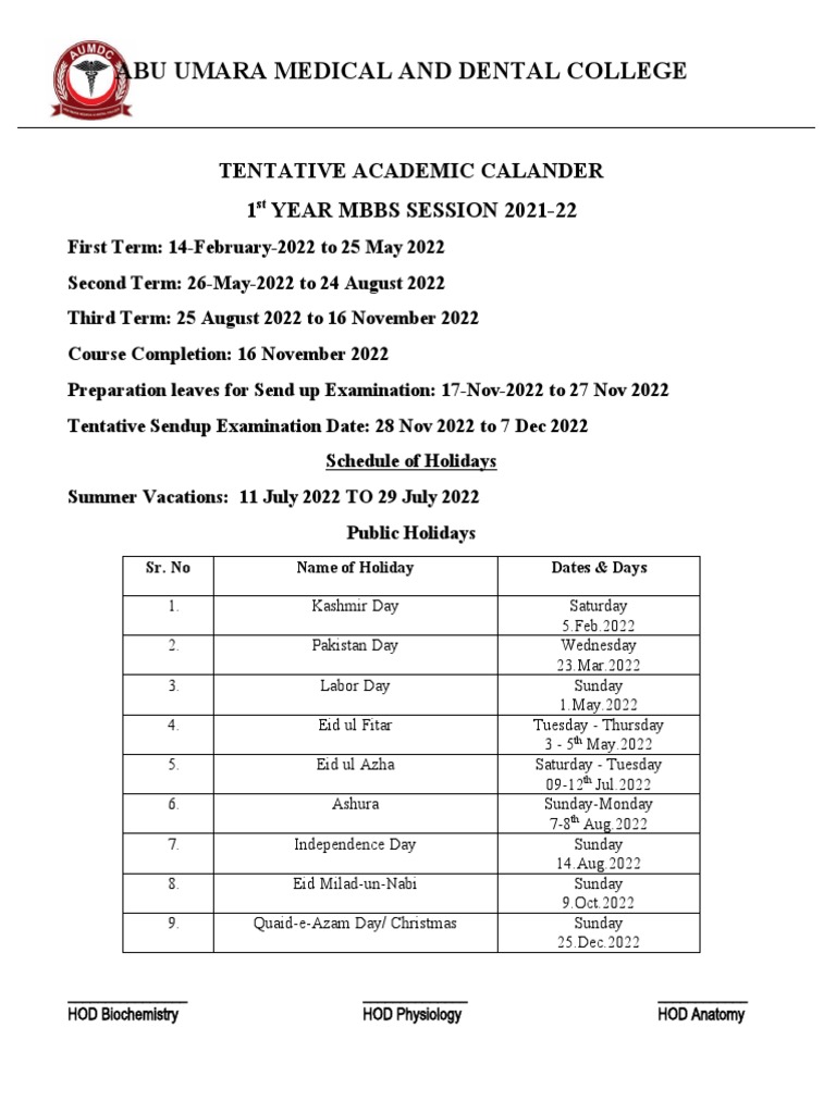 1st Year MBBS Academic Calendar and Tests Schedule | PDF