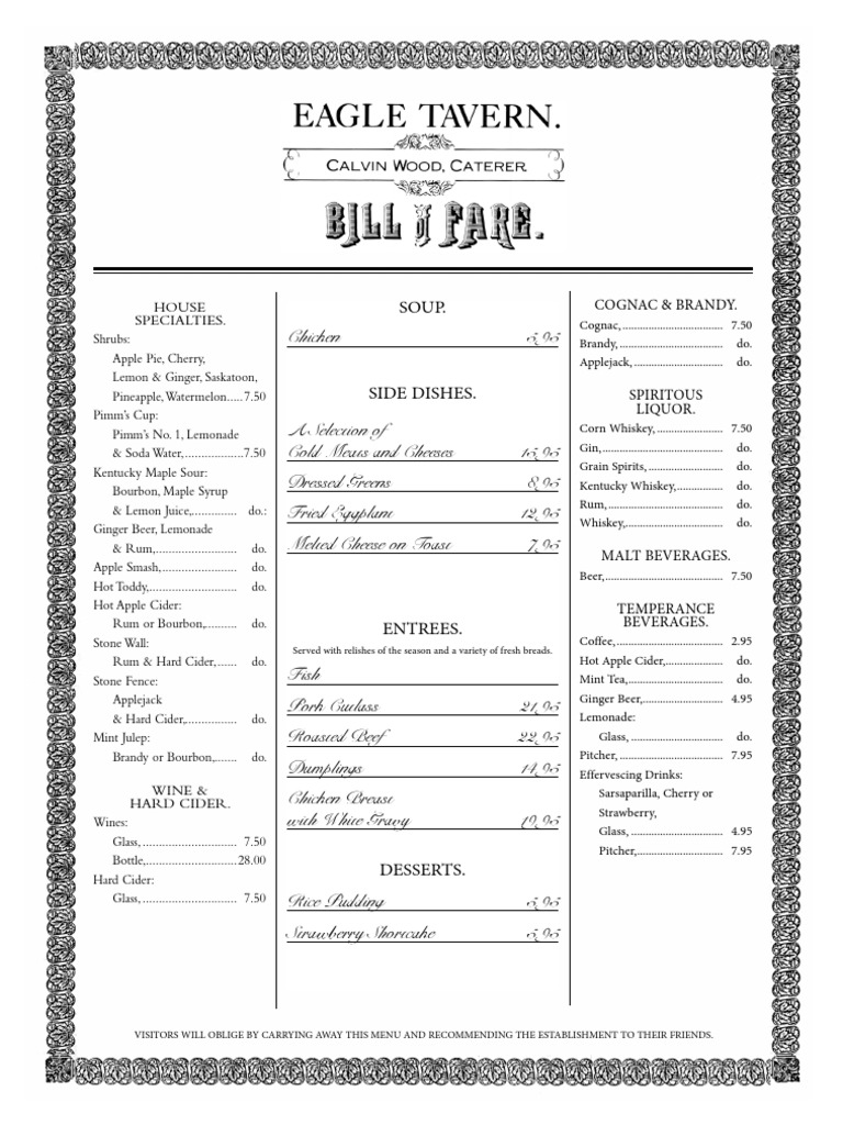 Eagle Tavern Summer Menu 2021 Bill of Fare PDF Drink Cider