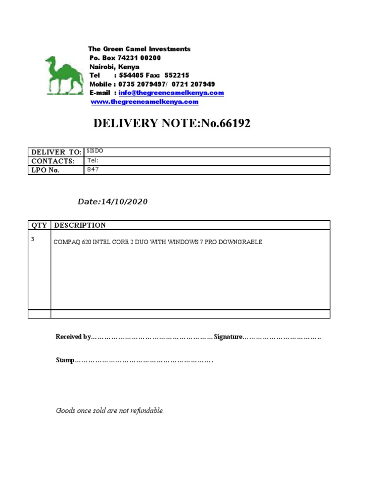 Delivery Note for Compaq Computers | PDF