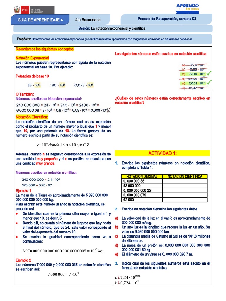 GUIA DE APRENDIZAJE SEMANA 3 - Notacion Exponencial y Cientifica 4 ...